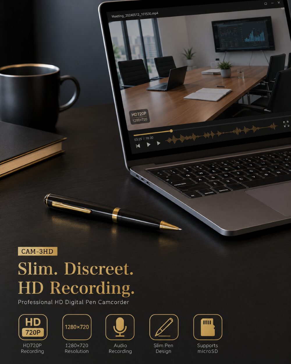 HD720P映像と音声記録を説明するCAM-3HDの使用イメージ